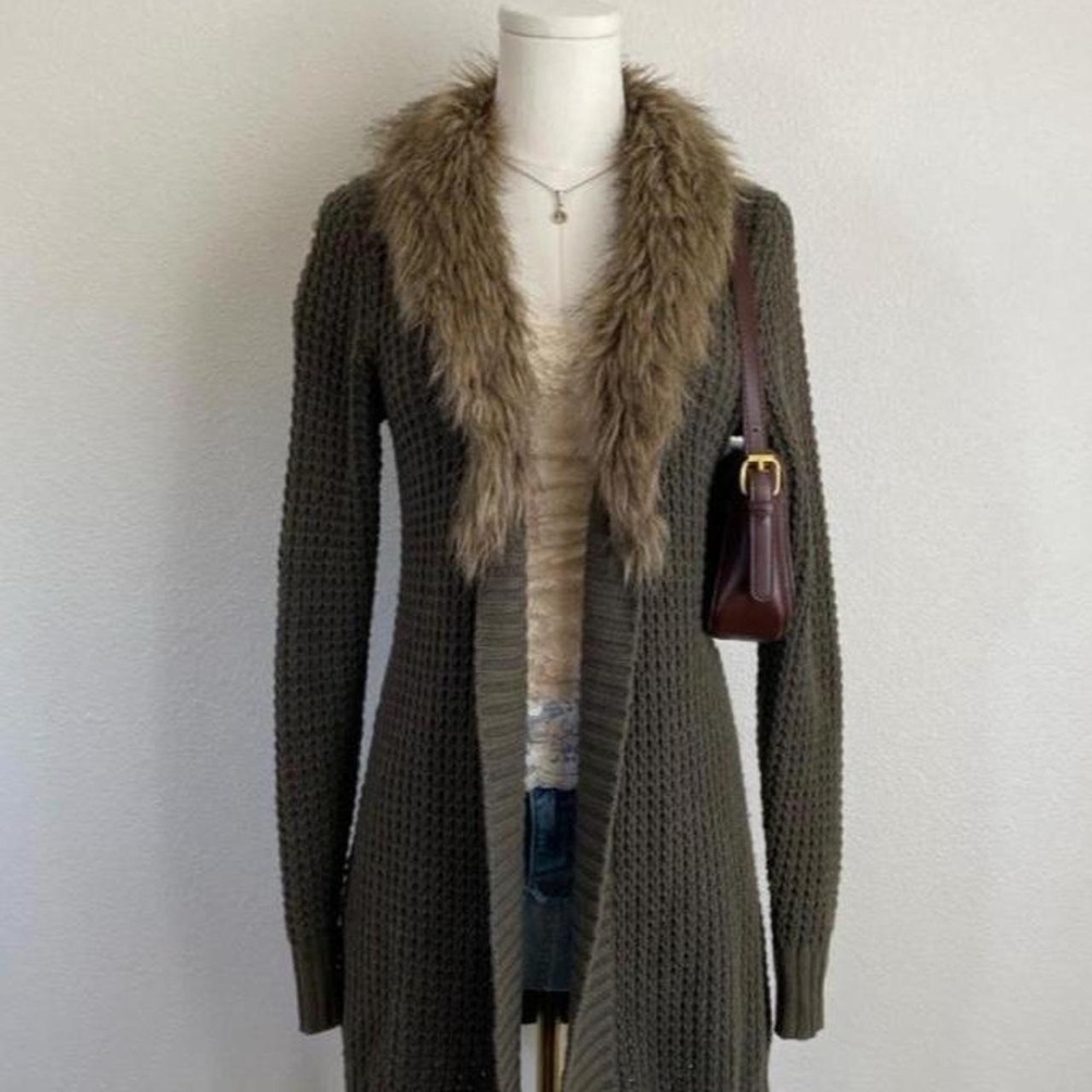 Y2K Old Navy Faux Fur Crochet Cardigan Green Knit Indi Sleaze Bogo Chic
